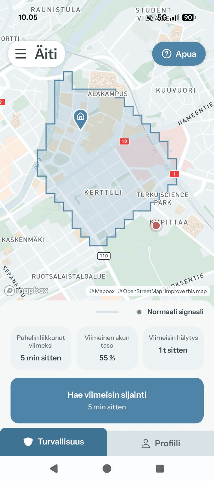 Kollan näkymä, jossa läheisen sijainti kartalla sekä tietoja puhelimesta